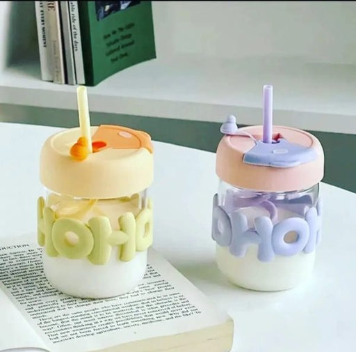 🥤 Cute Glass Straw Cup for Girls – 350ml Portable Insulated Cup with Straw, Lid & Chain Handle