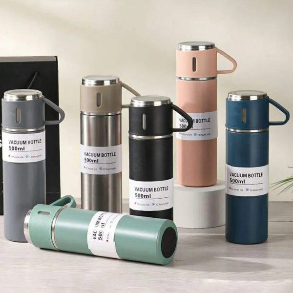 🥤 Stainless Steel Vacuum Flask Set ✨ – 500ml Thermos Bottle With 2 Cups (Random Color) 🎁