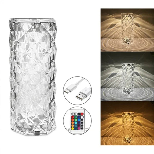 🌹💎 16 Colors Diamond Rose Crystal Touch Lamp | USB Rechargeable Table Lamp With Remote ✨🔮