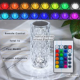 🌹💎 16 Colors Diamond Rose Crystal Touch Lamp | USB Rechargeable Table Lamp With Remote ✨🔮