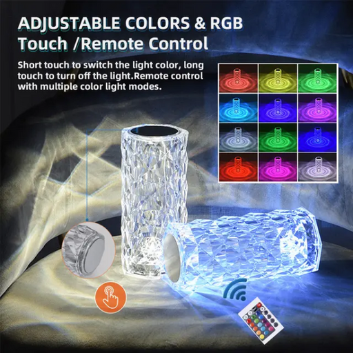 🌹💎 16 Colors Diamond Rose Crystal Touch Lamp | USB Rechargeable Table Lamp With Remote ✨🔮