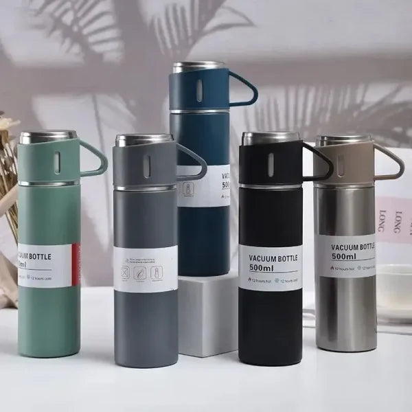 🥤 500ml Stainless Steel Vacuum Flask Water Bottle With 2 Extra Cups (160ml) – 3-Piece Thermal Travel Set 🌍
