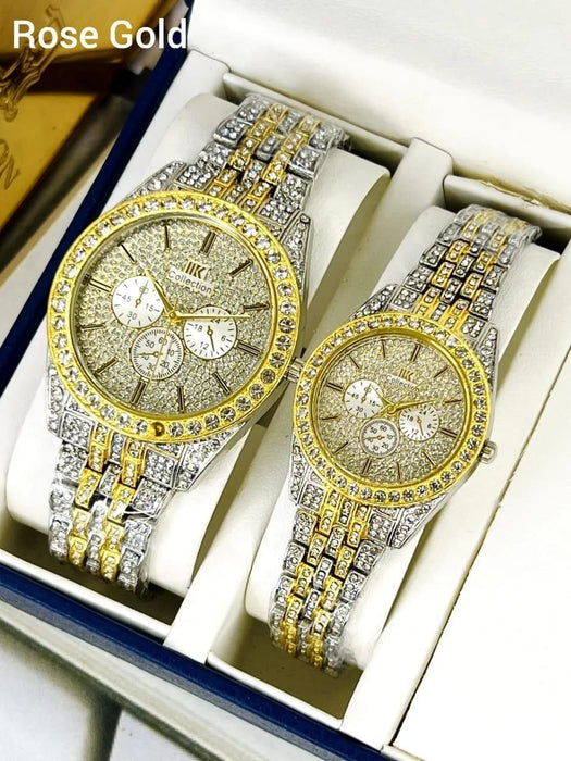 ⌚ Stainless Steel Diamond Stone Couple Watches – Set of 2 💑💎✨