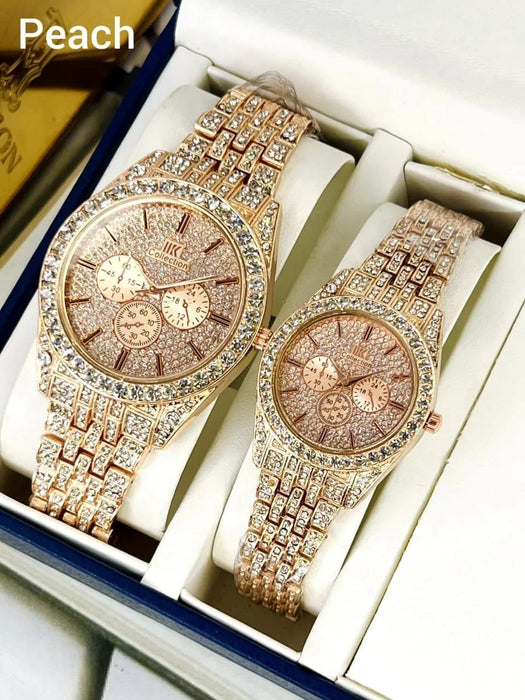 ⌚ Stainless Steel Diamond Stone Couple Watches – Set of 2 💑💎✨
