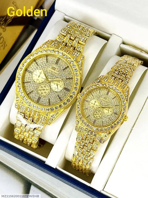 ⌚ Stainless Steel Diamond Stone Couple Watches – Set of 2 💑💎✨