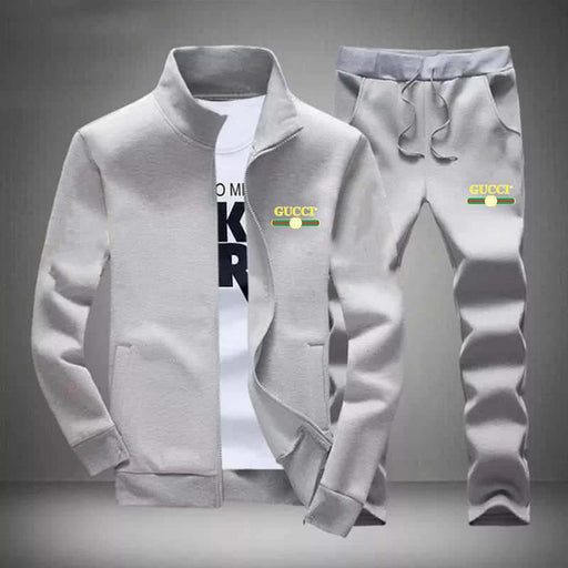 👕 Men's Printed Fleece Zipper Track Suit – 2 Pcs in Grey 🔥