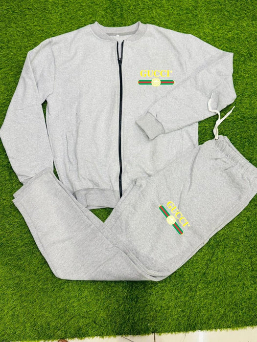 👕 Men's Printed Fleece Zipper Track Suit – 2 Pcs in Grey 🔥