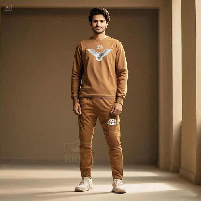 👕👖 2 Pcs Men's Micro Printed Track Suit – Brown | Stylish & Comfortable Fit
