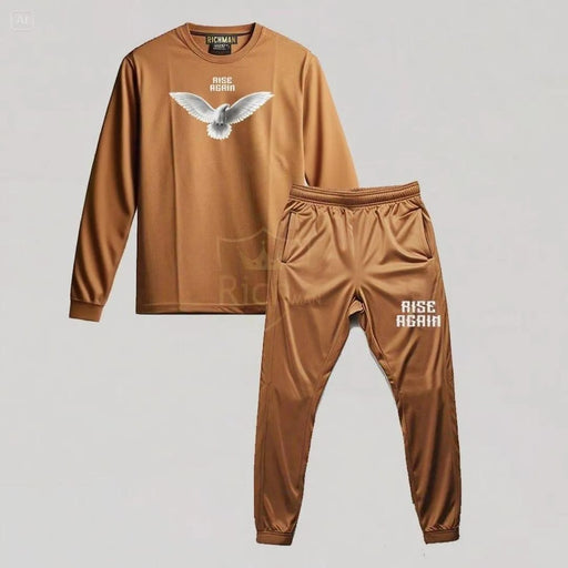 👕👖 2 Pcs Men's Micro Printed Track Suit – Brown | Stylish & Comfortable Fit