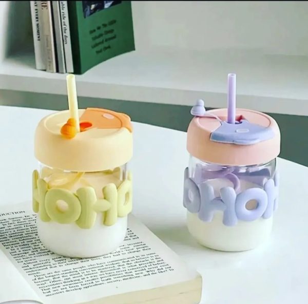 🥤 Cute Glass Straw Cup for Girls – 350ml Portable Insulated Cup with Straw, Lid & Chain Handle