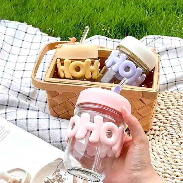 🥤 Cute Glass Straw Cup for Girls – 350ml Portable Insulated Cup with Straw, Lid & Chain Handle
