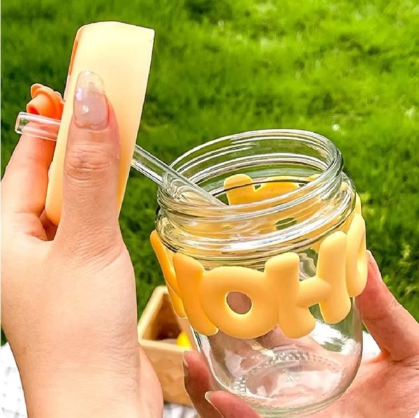 🥤 Cute Glass Straw Cup for Girls – 350ml Portable Insulated Cup with Straw, Lid & Chain Handle