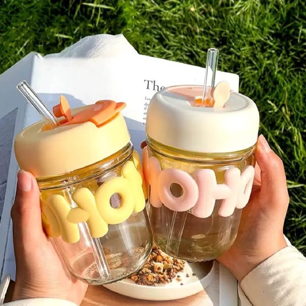 🥤 Cute Glass Straw Cup for Girls – 350ml Portable Insulated Cup with Straw, Lid & Chain Handle