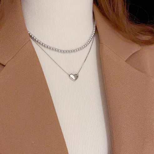 💖✨ Elegant Double Layer Heart Pearl Pendant Necklace | Women’s Party Jewelry 🎀🌸