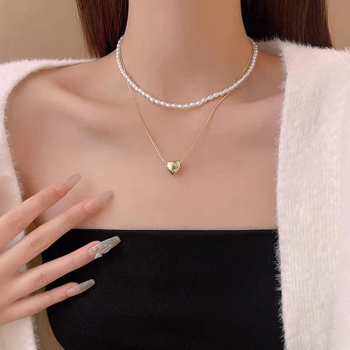 💖✨ Elegant Double Layer Heart Pearl Pendant Necklace | Women’s Party Jewelry 🎀🌸