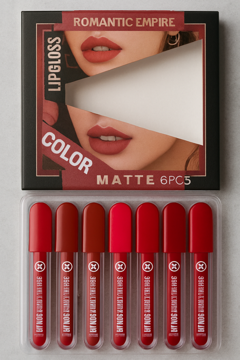 💄🔥 Romantic Empire Matte Lipgloss Set of 6 – High Pigment, Long-lasting Liquid Lip Gloss | Red Collection ❤️✨