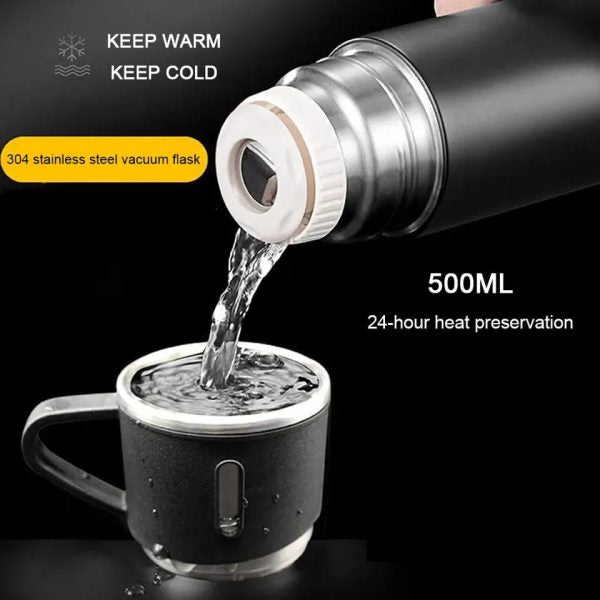 🥤 Stainless Steel Vacuum Flask Set ✨ – 500ml Thermos Bottle With 2 Cups (Random Color) 🎁
