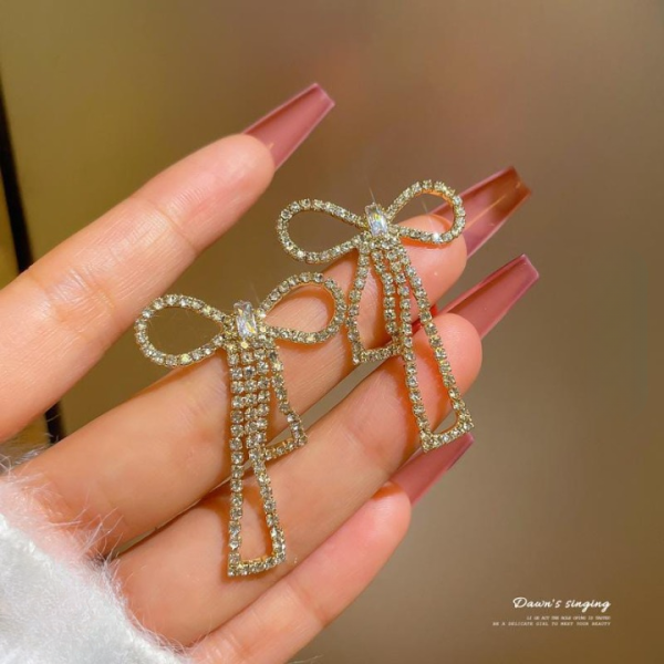 🎀✨ PQT-985 Bow Shape Zircon Korean Earrings | Golden Color 💎🌸