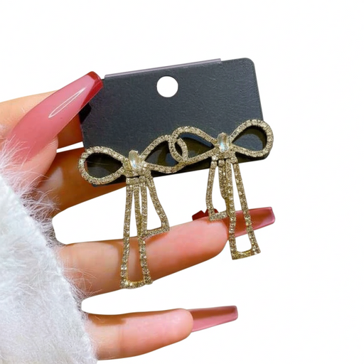 🎀✨ PQT-985 Bow Shape Zircon Korean Earrings | Golden Color 💎🌸