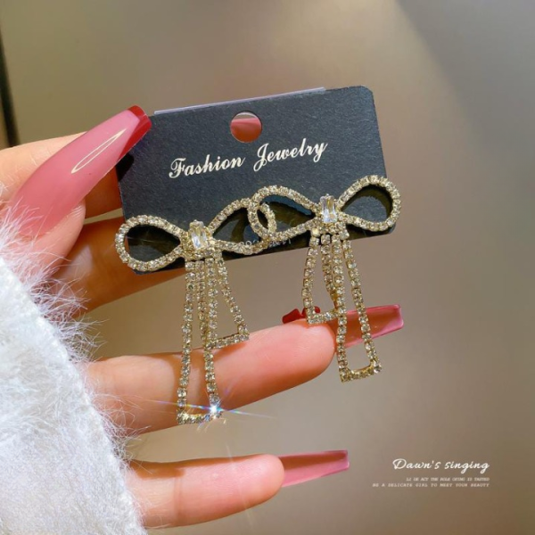 🎀✨ PQT-985 Bow Shape Zircon Korean Earrings | Golden Color 💎🌸